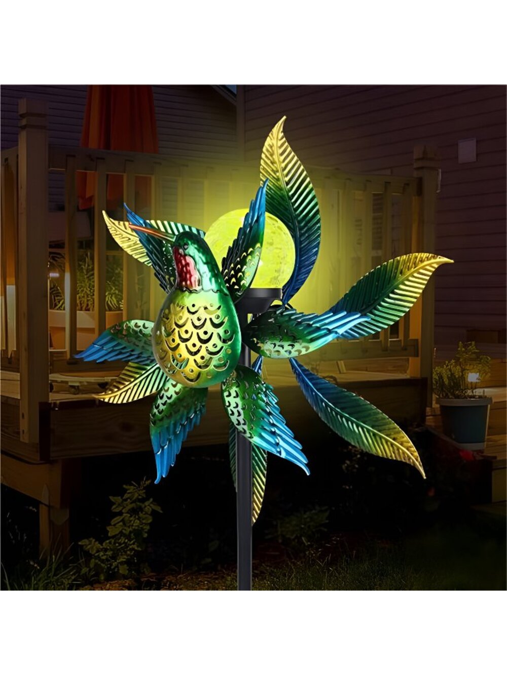 Solar Wind Spinner Outdoor Metal Kinetic Wind Spinners with LED Lighting Glass